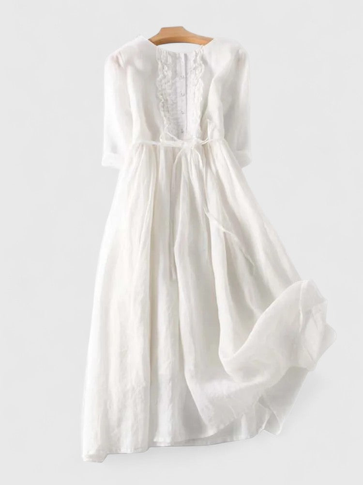 Round Neck Ruffle Bib Tie Waist Linen Flowy Maxi Dress 4