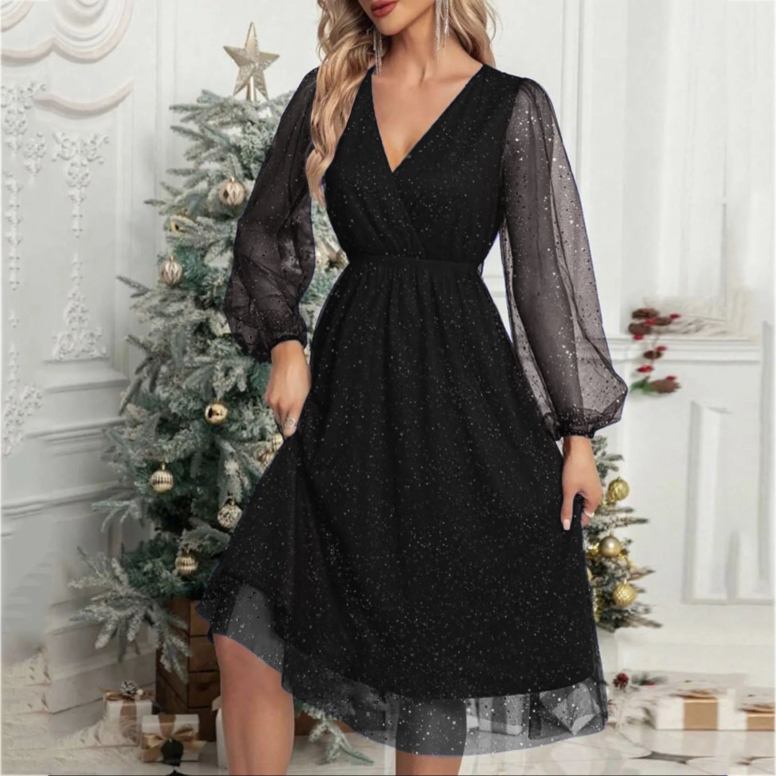 Elegant ALine Mini Evening V Neck Mesh Long Sleeve Glitter Party Club High Waist Tulle Formal Dress