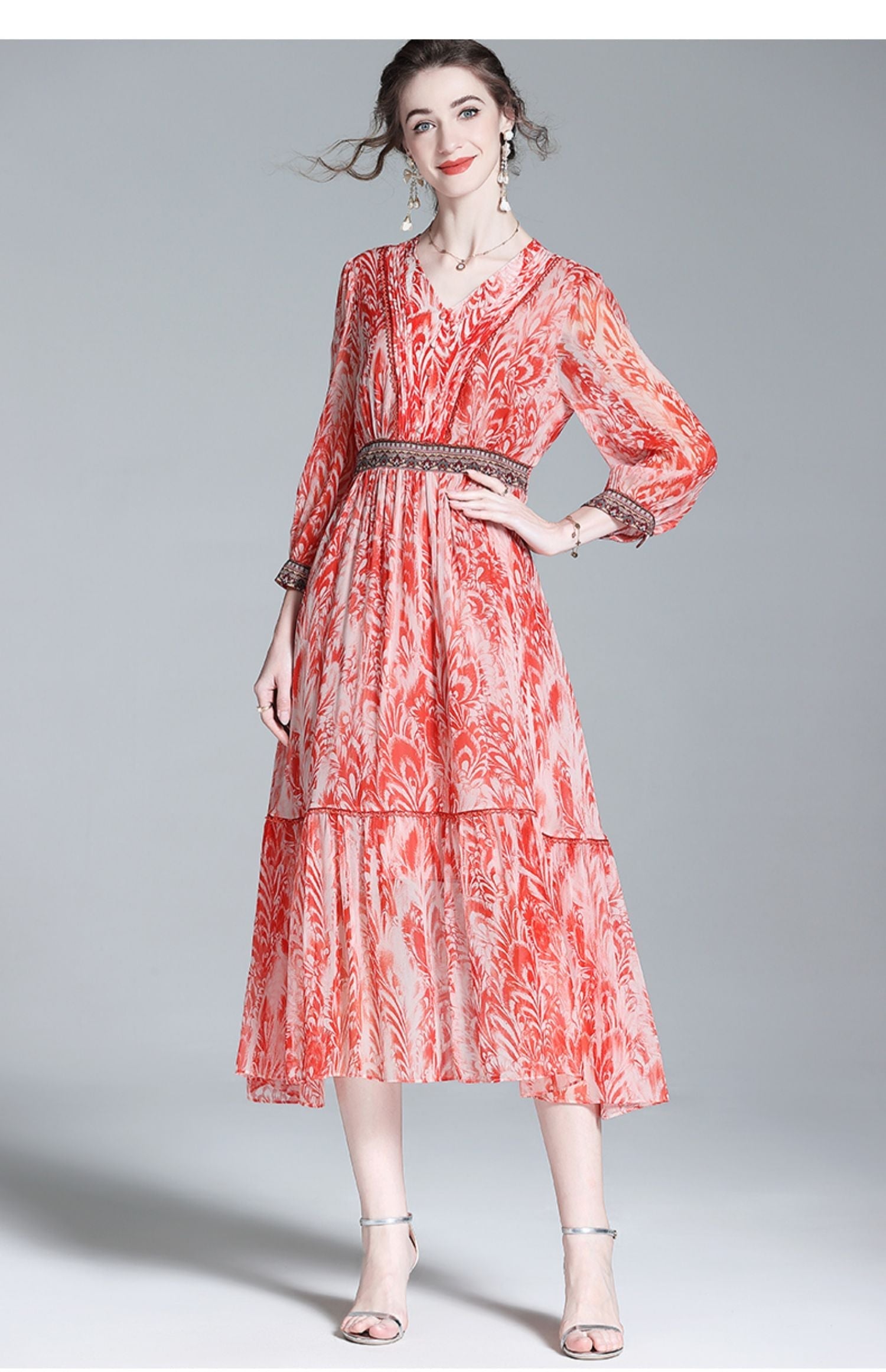Casual Embroidery Floral Silk Ruffled V-Neck Midi Dress