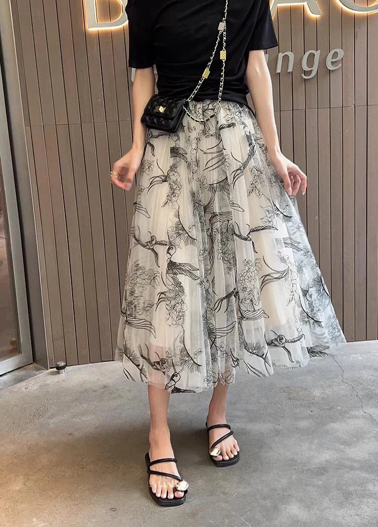 Flocking Flower Bird Tulle Gauze Elastic Waist Midi Skirt