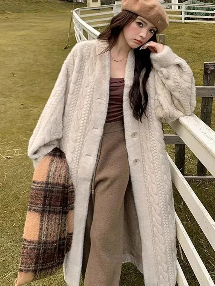 Women Fur Thickened Long Autumn Winter Vneck Thin Loose Casual Coat