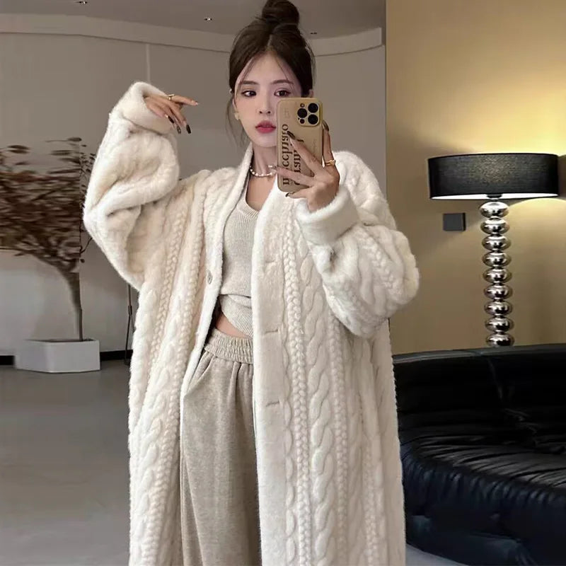Women Fur Thickened Long Autumn Winter Vneck Thin Loose Casual Coat