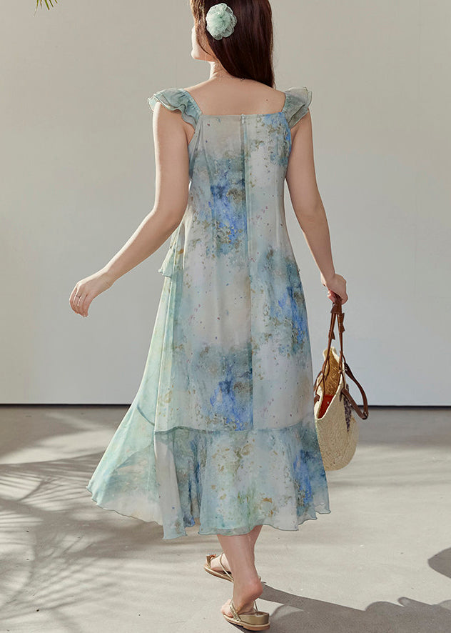 Women Green Ruffled Print Chiffon Vacation Dresses Summer