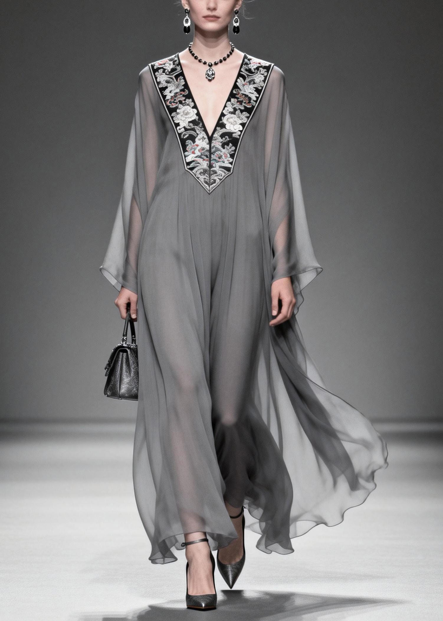 Women Grey V Neck Patchwork Chiffon Maxi Dress Summer