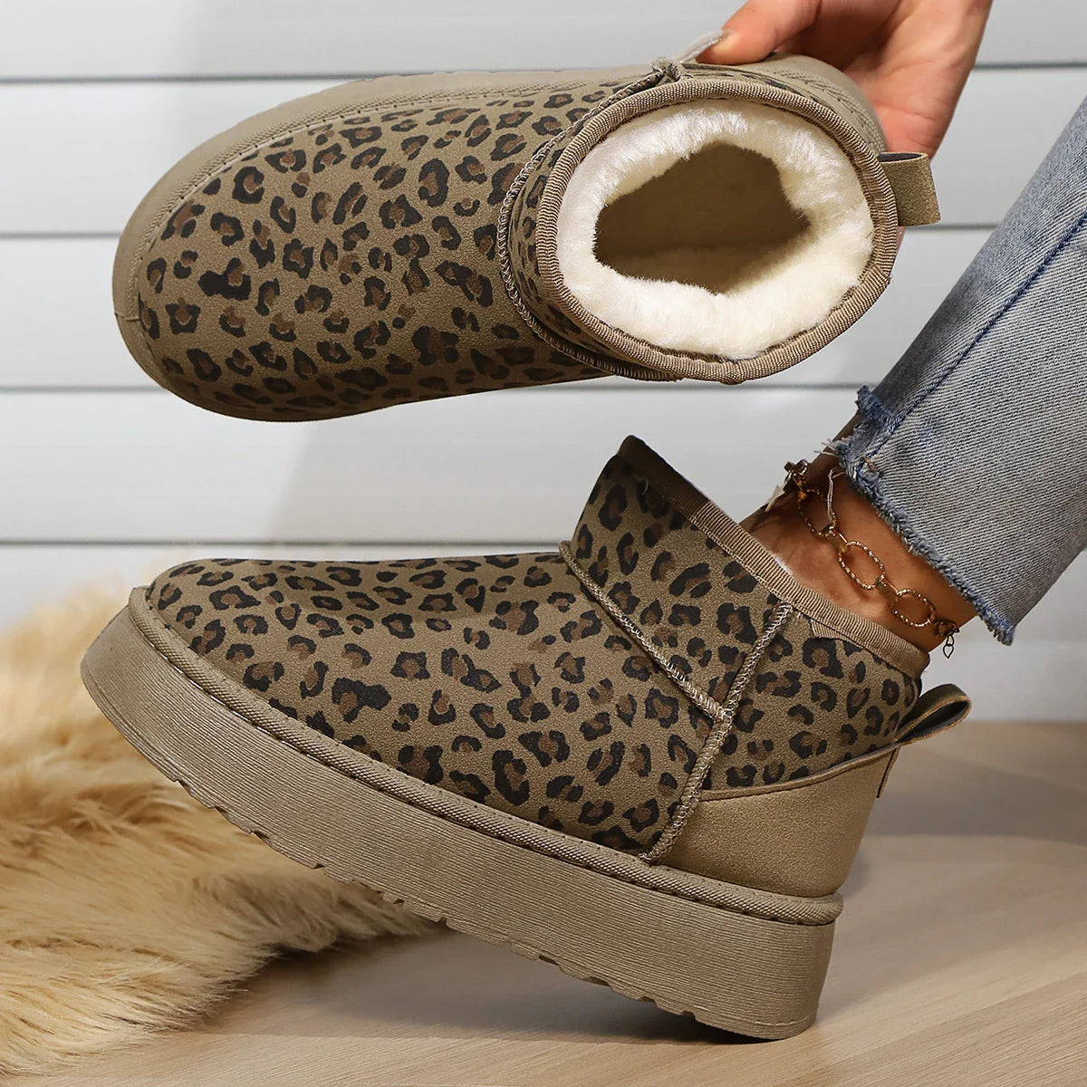 Leopard Print Nonslip Wearresistant Fashion Plush Short Snow Boot