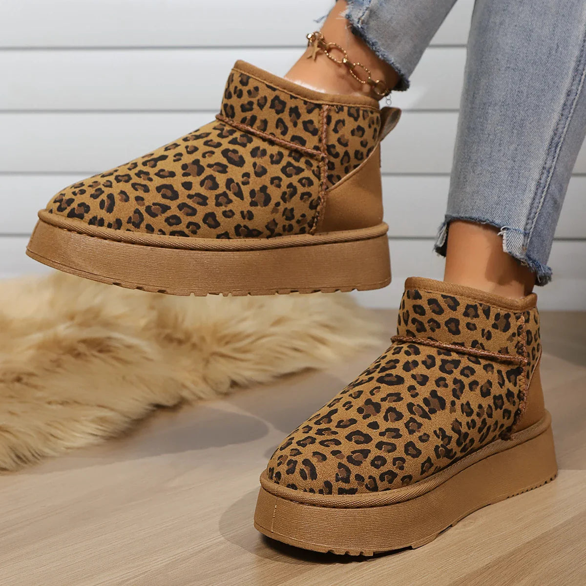 Leopard Print Nonslip Wearresistant Fashion Plush Short Snow Boot