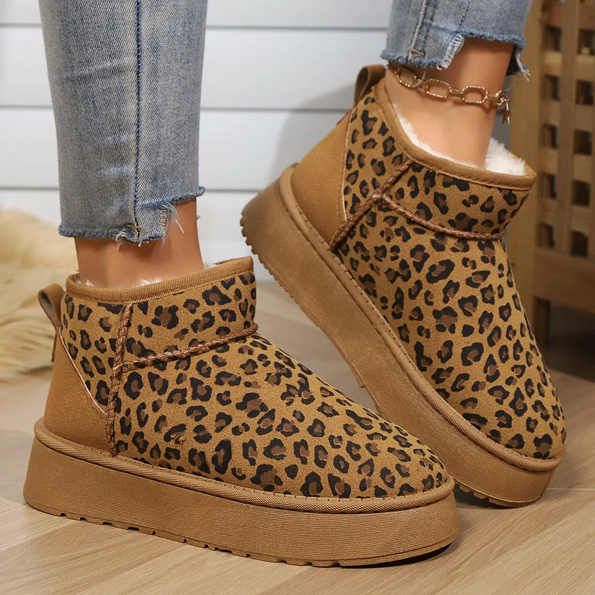 Leopard Print Nonslip Wearresistant Fashion Plush Short Snow Boot