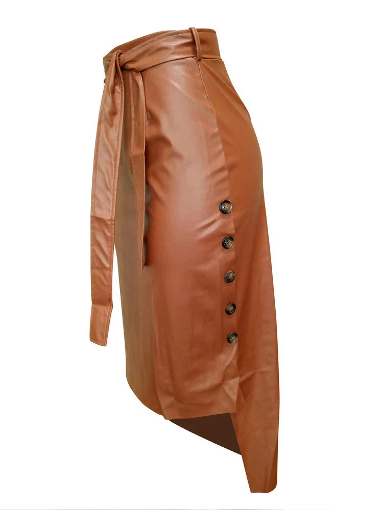 PU Leather Solid High Waist Laceup Side Button Slim Skinny Pencil Skirt