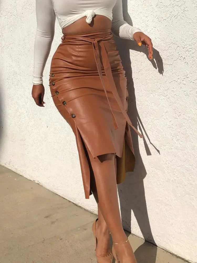 PU Leather Solid High Waist Laceup Side Button Slim Skinny Pencil Skirt