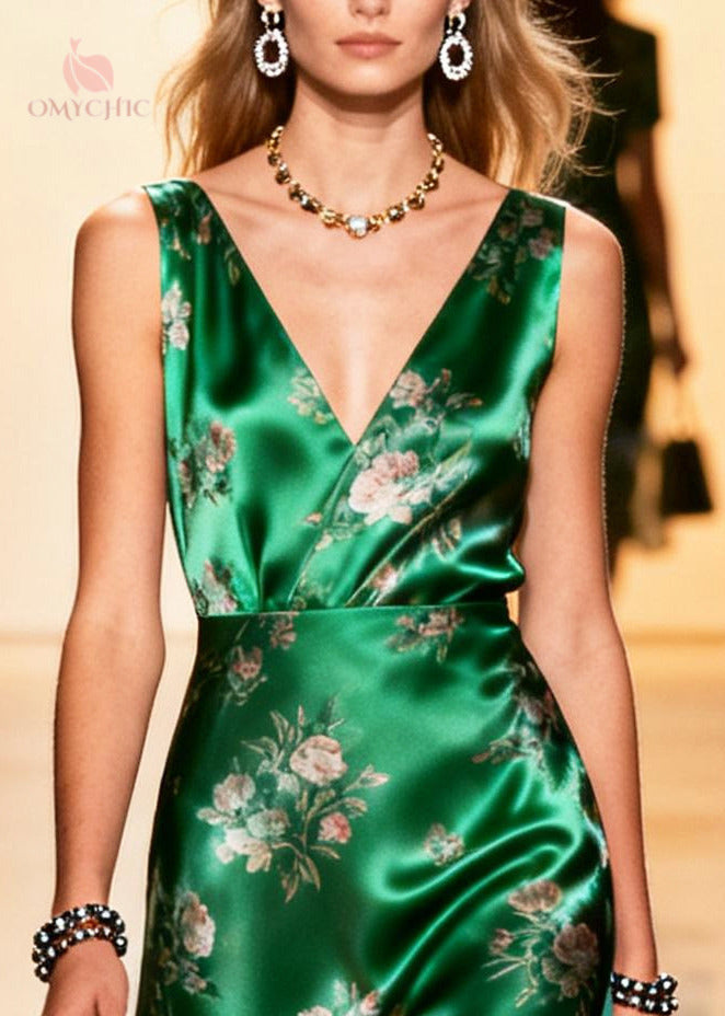 Women Peacock Green Print Patchwork Silk Cami Dresses Summer
