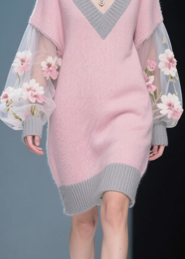 Women Pink Flower Patchwork Tulle Knit Sweater Dress Fall