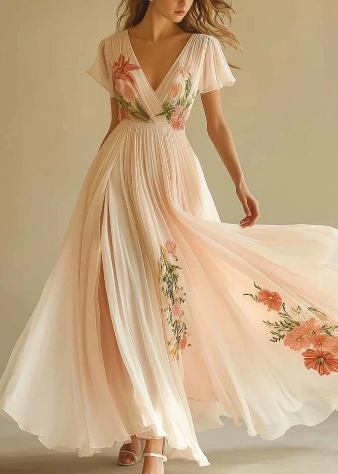 Women Pink V Neck Print Wrinkled Chiffon Long Dresses Summer