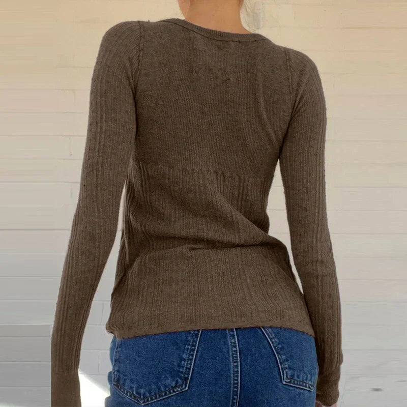 Ribbed Knit Slim Fit Button Front Long Sleeve Sweater Women