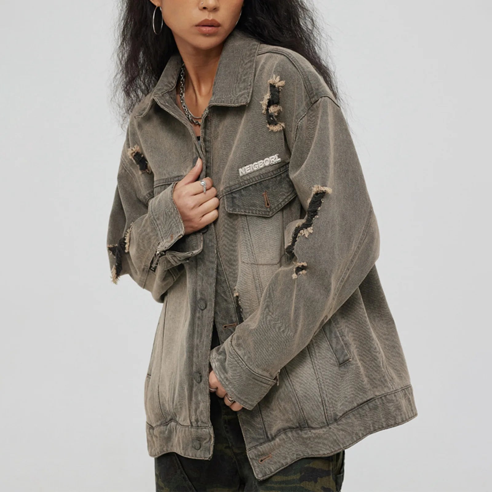 Distressed Denim With Collar Vintage Large Pockets Chic Stylish Elegant Fashionable Versatile Oversized Street Winter Jacket