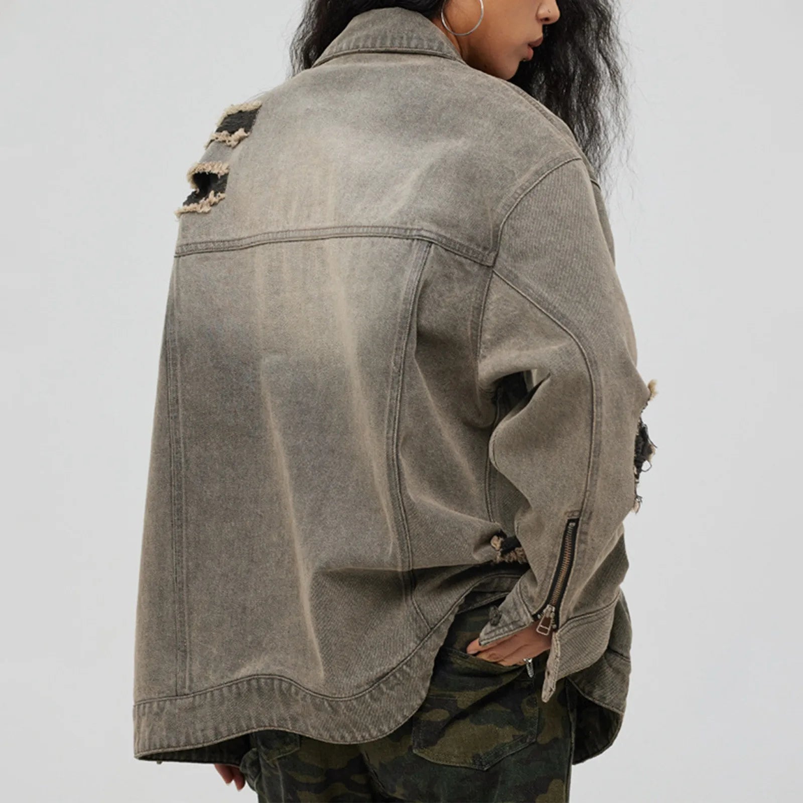 Distressed Denim With Collar Vintage Large Pockets Chic Stylish Elegant Fashionable Versatile Oversized Street Winter Jacket
