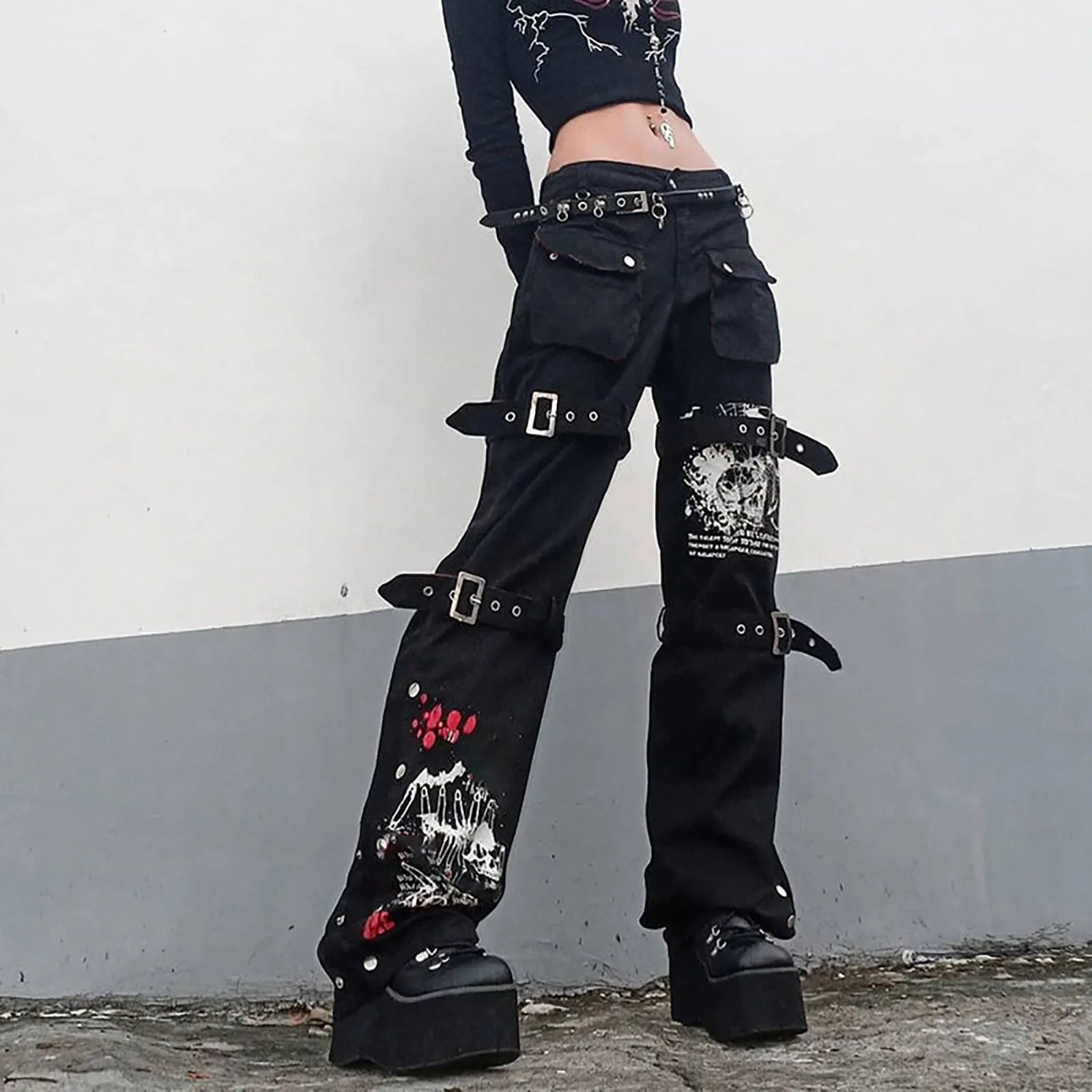 Gothic Retro Washed Print LowRise Cool Loop Hip Hop WideLeg Street Pants