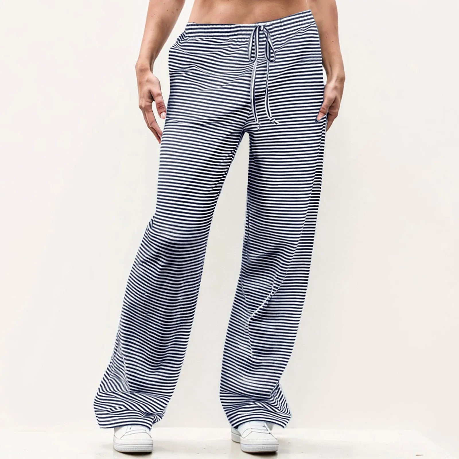 Striped Solid Wide Leg Pants Blue / S