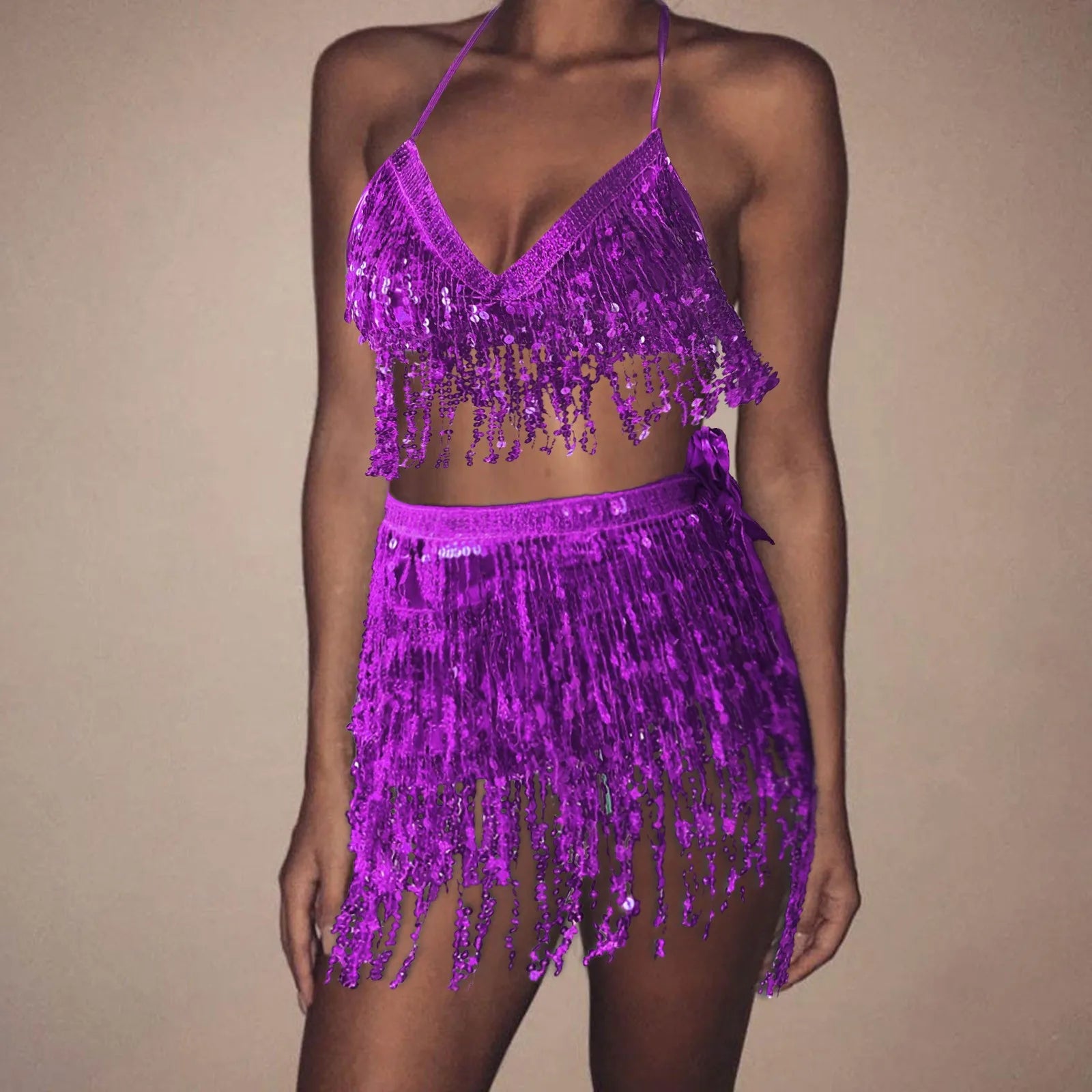 Sparkling Sequin Belly Costume Tassel Wrap Mini Skirt Club And Vest Set Club Party Shiny Dance Costume TwoPiece Women Clothing Dress