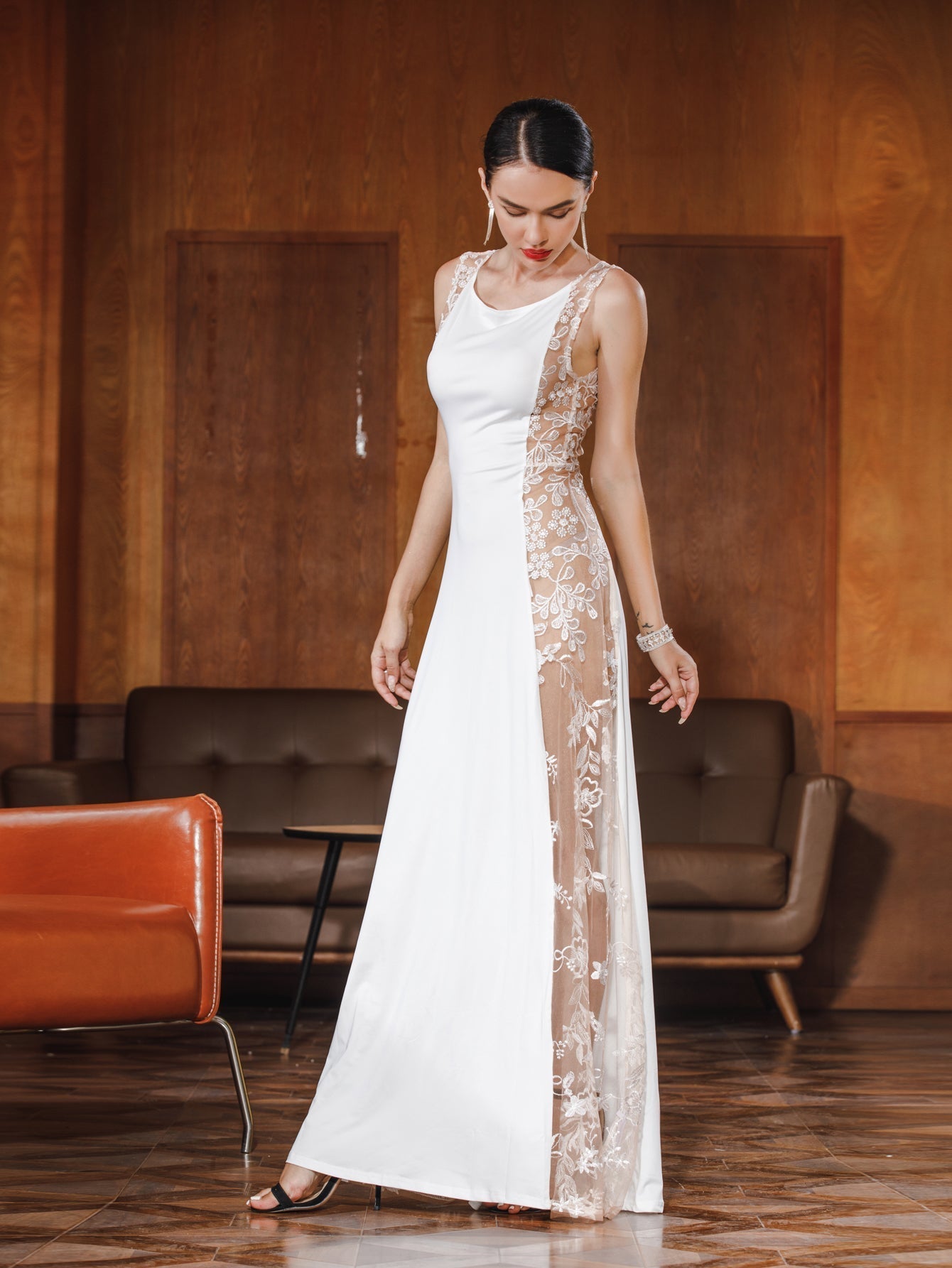 Women Sexy Mesh Emborideried Specing Patchwork Evening Party Dress