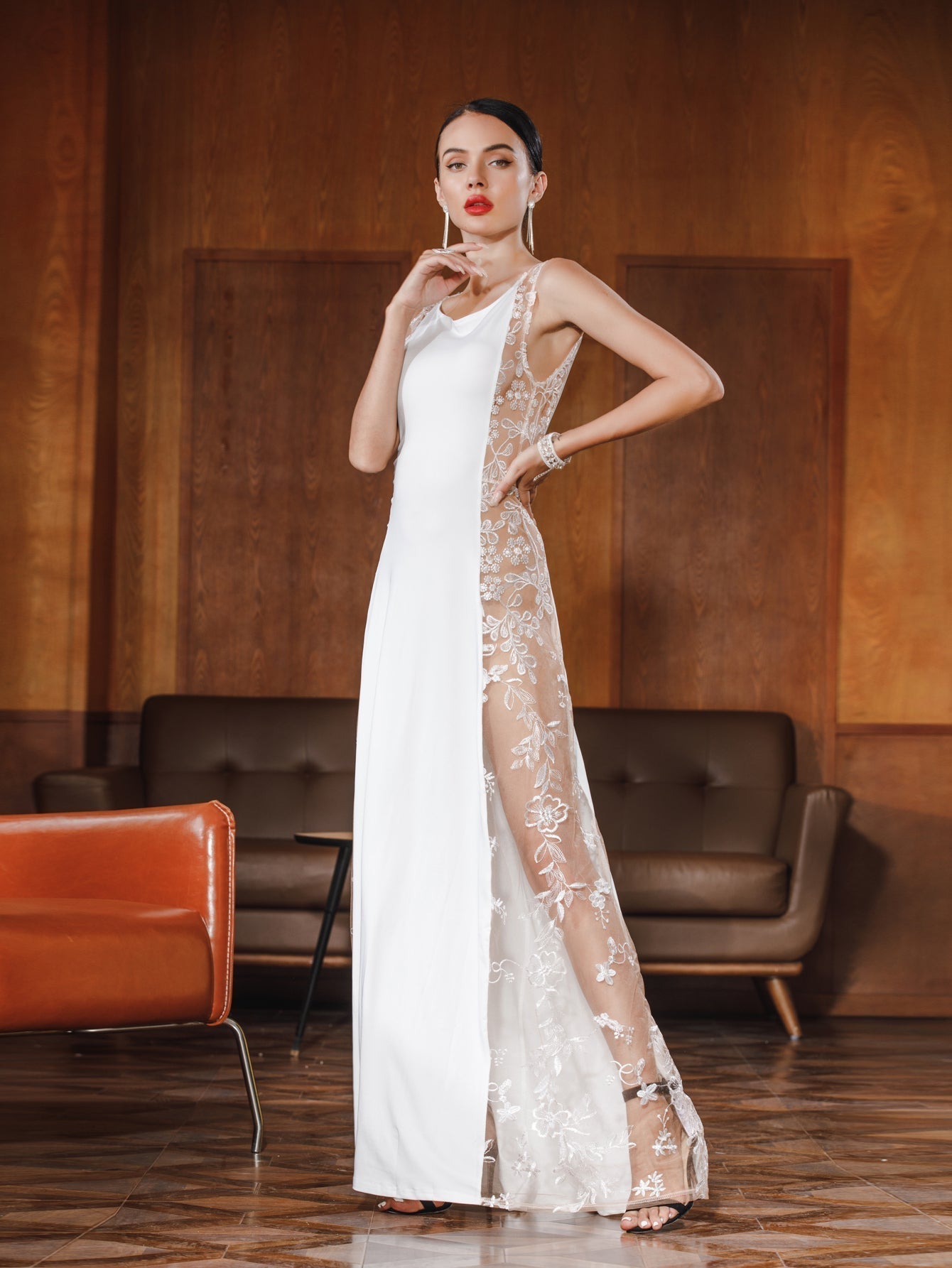 Women Sexy Mesh Emborideried Specing Patchwork Evening Party Dress