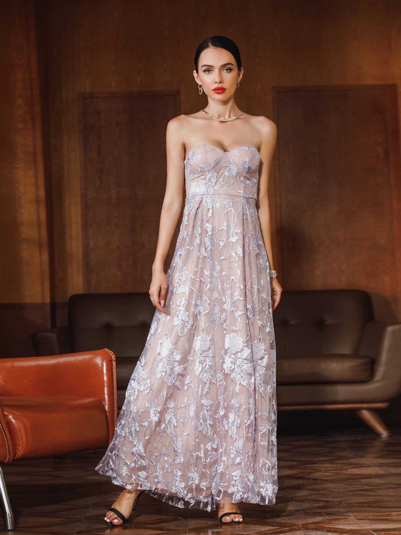 Women Sexy Strapless Backless Lace Slit Party Dress