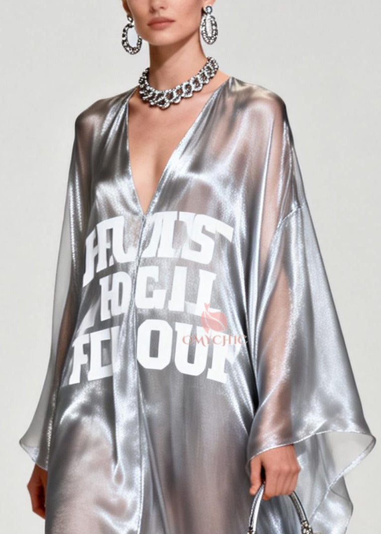 Women Silvery Letter Print Exra Large Hem Chiffon Beach Dresses Summer