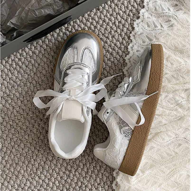 Women Soft Leather + Lace Mesh Walking Shoes Breathable Casual Sneaker New Lace Up Nonslip Flat Sports Jogging Running Trainers