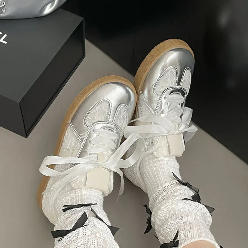 Women Soft Leather + Lace Mesh Walking Shoes Breathable Casual Sneaker New Lace Up Nonslip Flat Sports Jogging Running Trainers