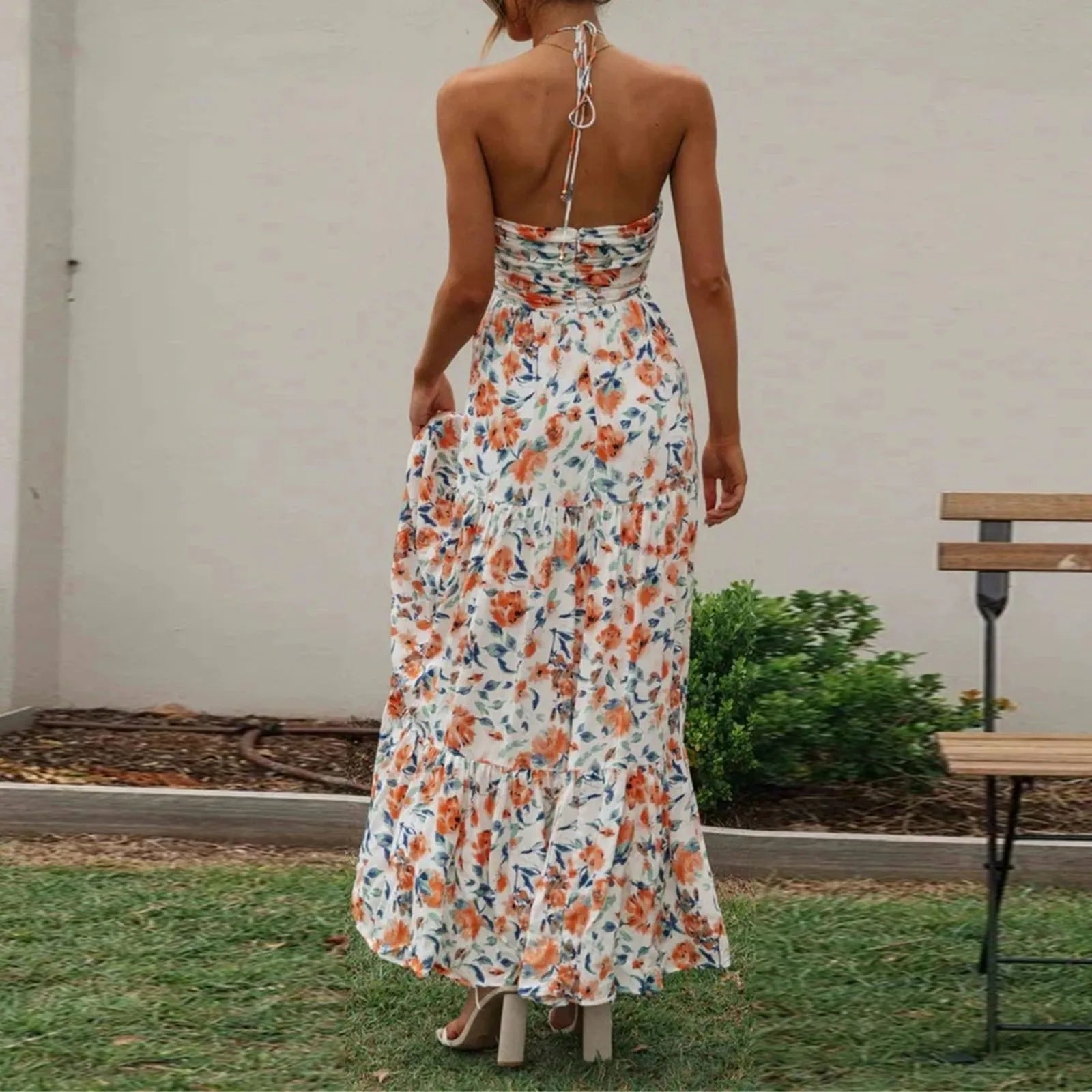 Stylish Solid Color Halter Spaghetti Strap V Neck Long Chic Sleeveless Backless ALine Dress