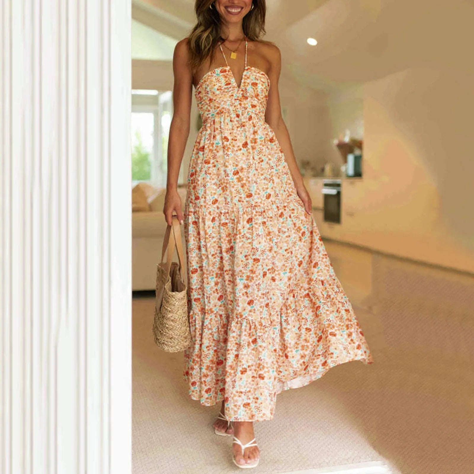 Stylish Solid Color Halter Spaghetti Strap V Neck Long Chic Sleeveless Backless ALine Dress