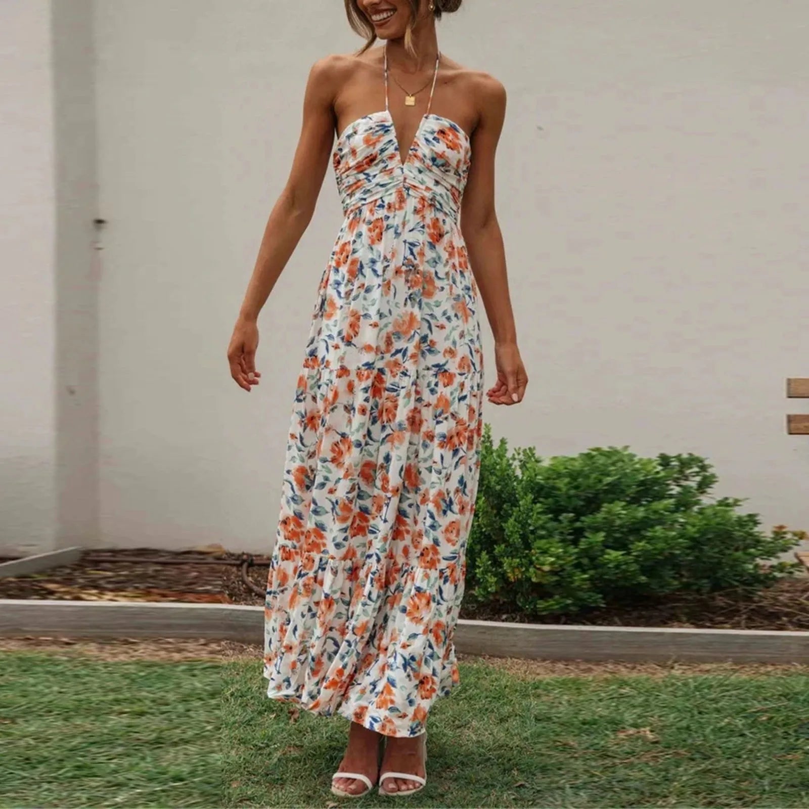 Stylish Solid Color Halter Spaghetti Strap V Neck Long Chic Sleeveless Backless ALine Dress
