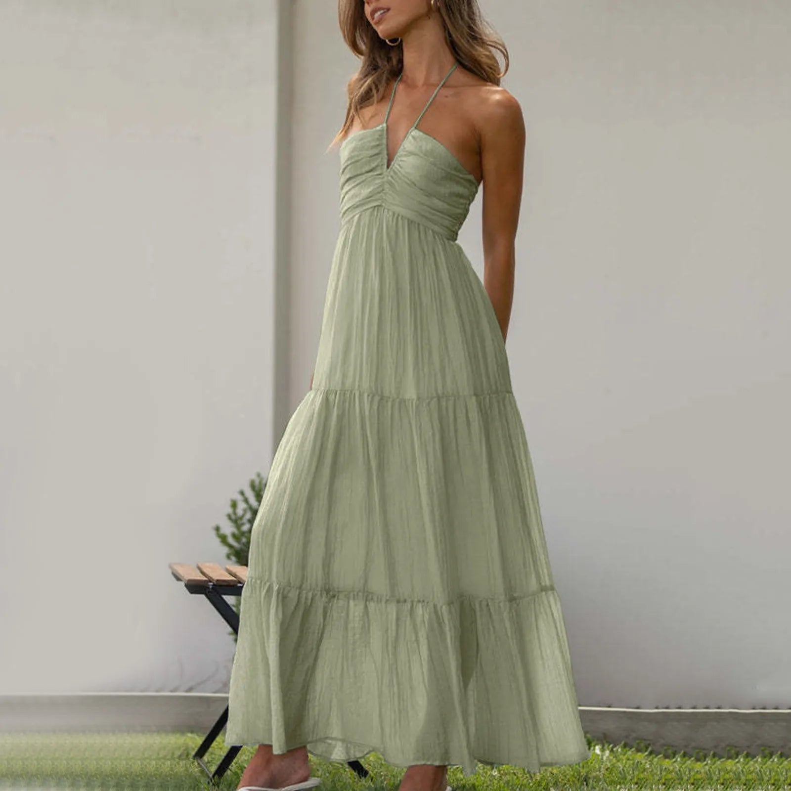 Stylish Solid Color Halter Spaghetti Strap V Neck Long Chic Sleeveless Backless ALine Dress