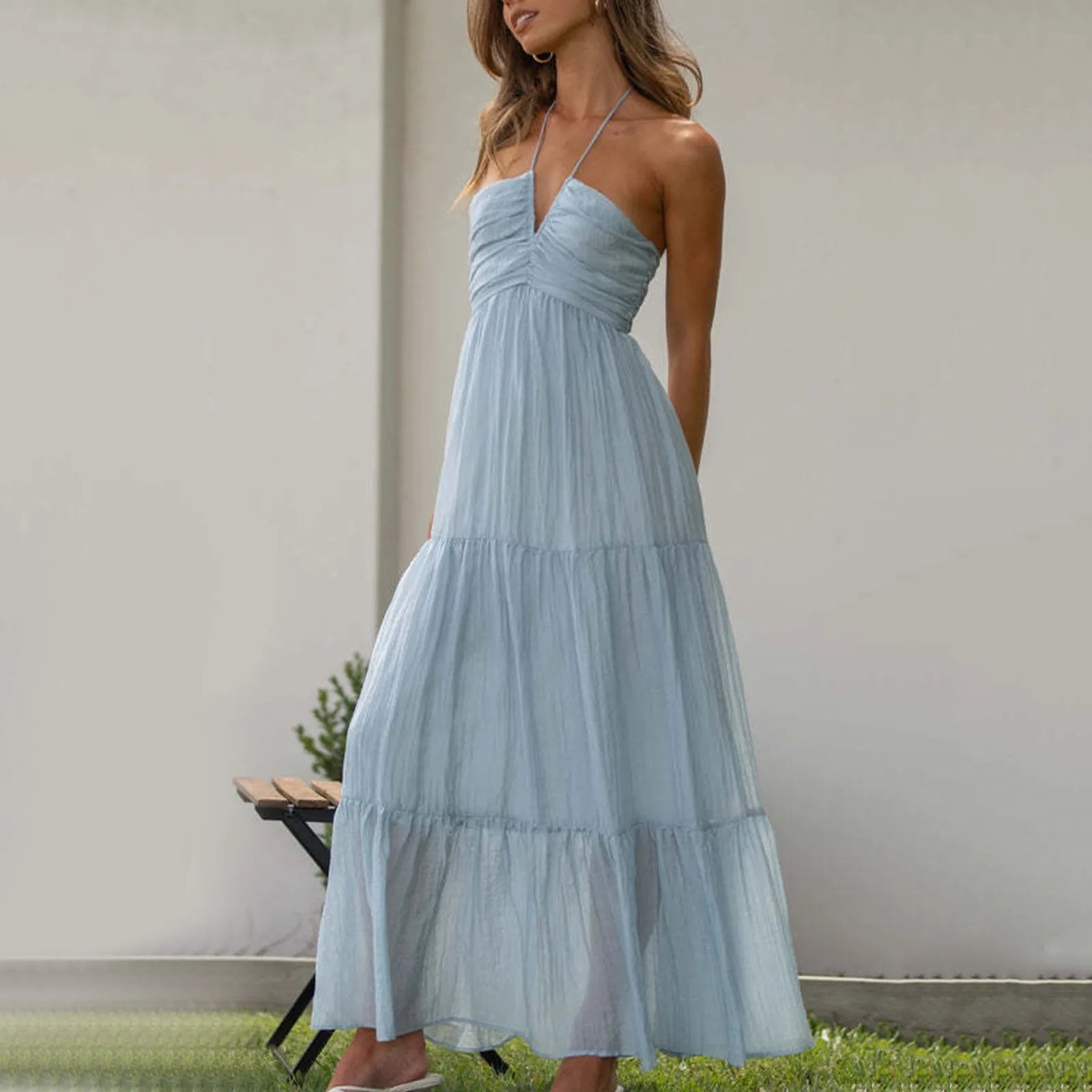 Stylish Solid Color Halter Spaghetti Strap V Neck Long Chic Sleeveless Backless ALine Dress
