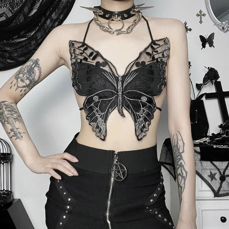 Gothic ButterflyShape Sexy Black Halter Strappy Backless Crop Top