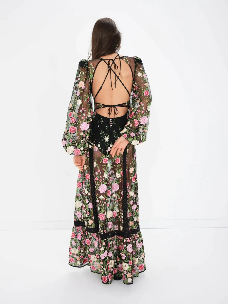 Women Backless Seethrough VNeck Long Sleeve Floral Dress