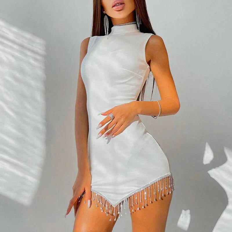 Sexy Summer Contrast Color Rhinestones Mini Dress Women Round Neck Sleeveless Party Dress