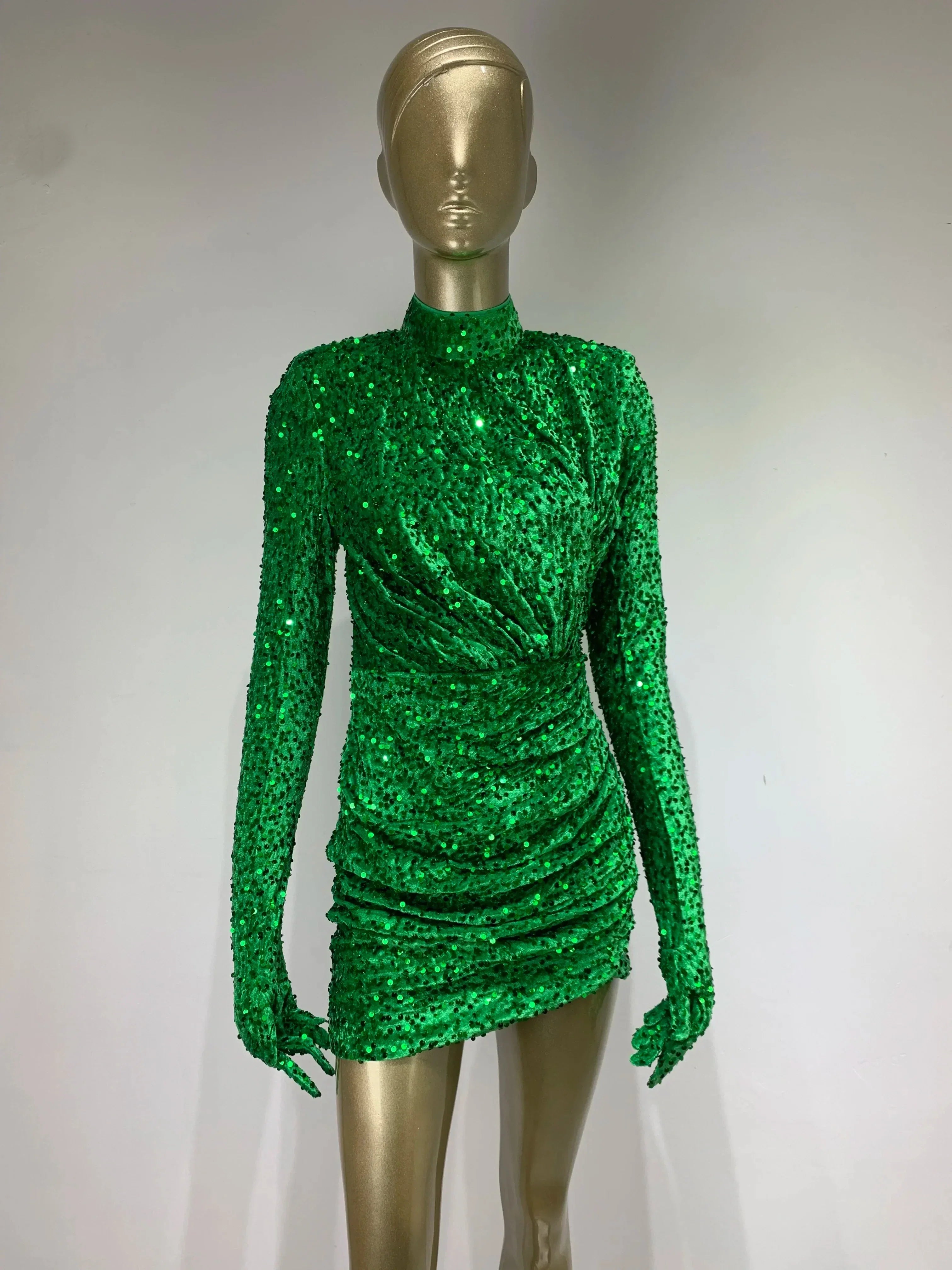 Summer Sexy Turtleneck Long Sleeve Velvet Green Mini Sequins Bodycon Party Dress