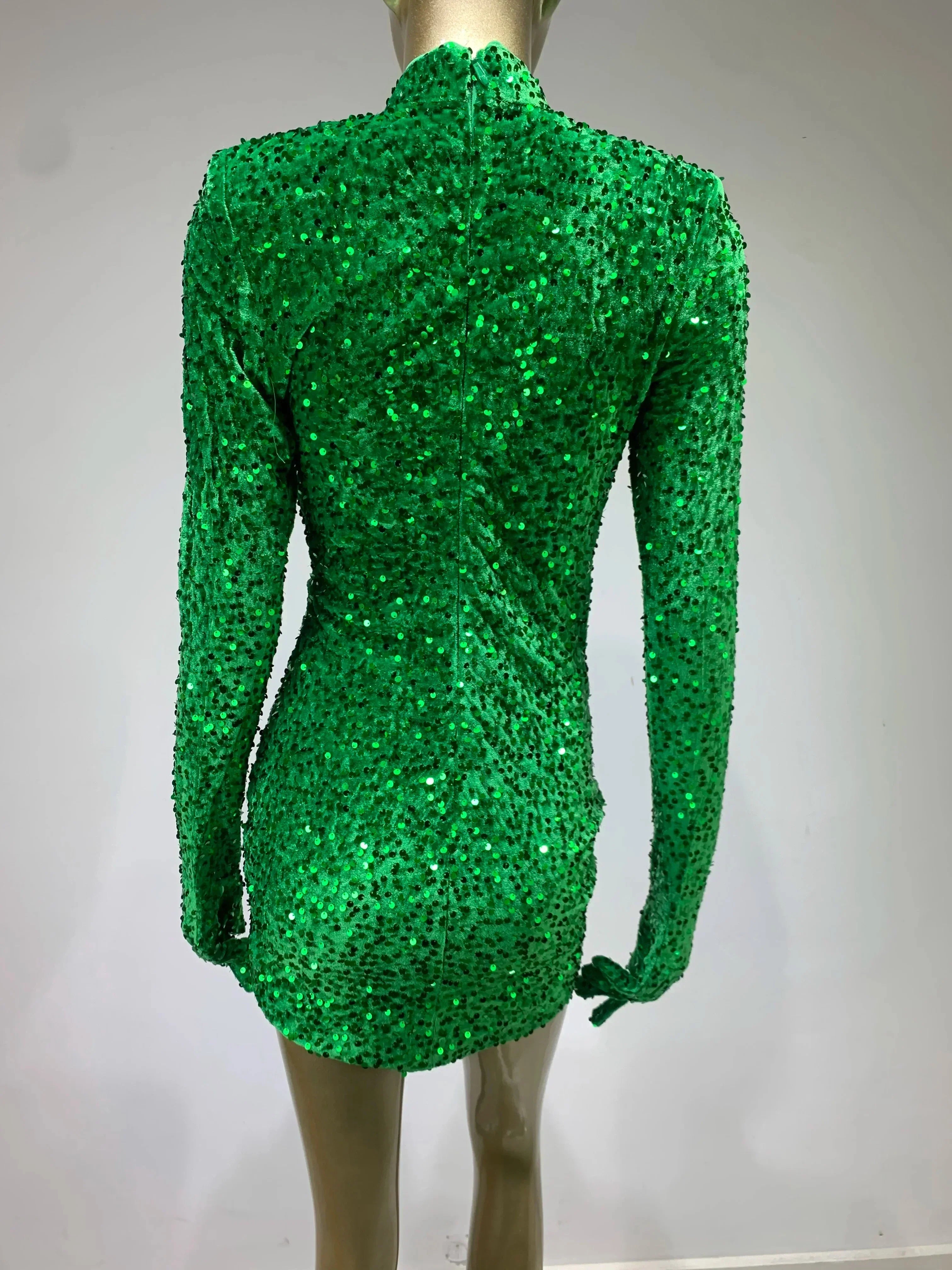 Summer Sexy Turtleneck Long Sleeve Velvet Green Mini Sequins Bodycon Party Dress