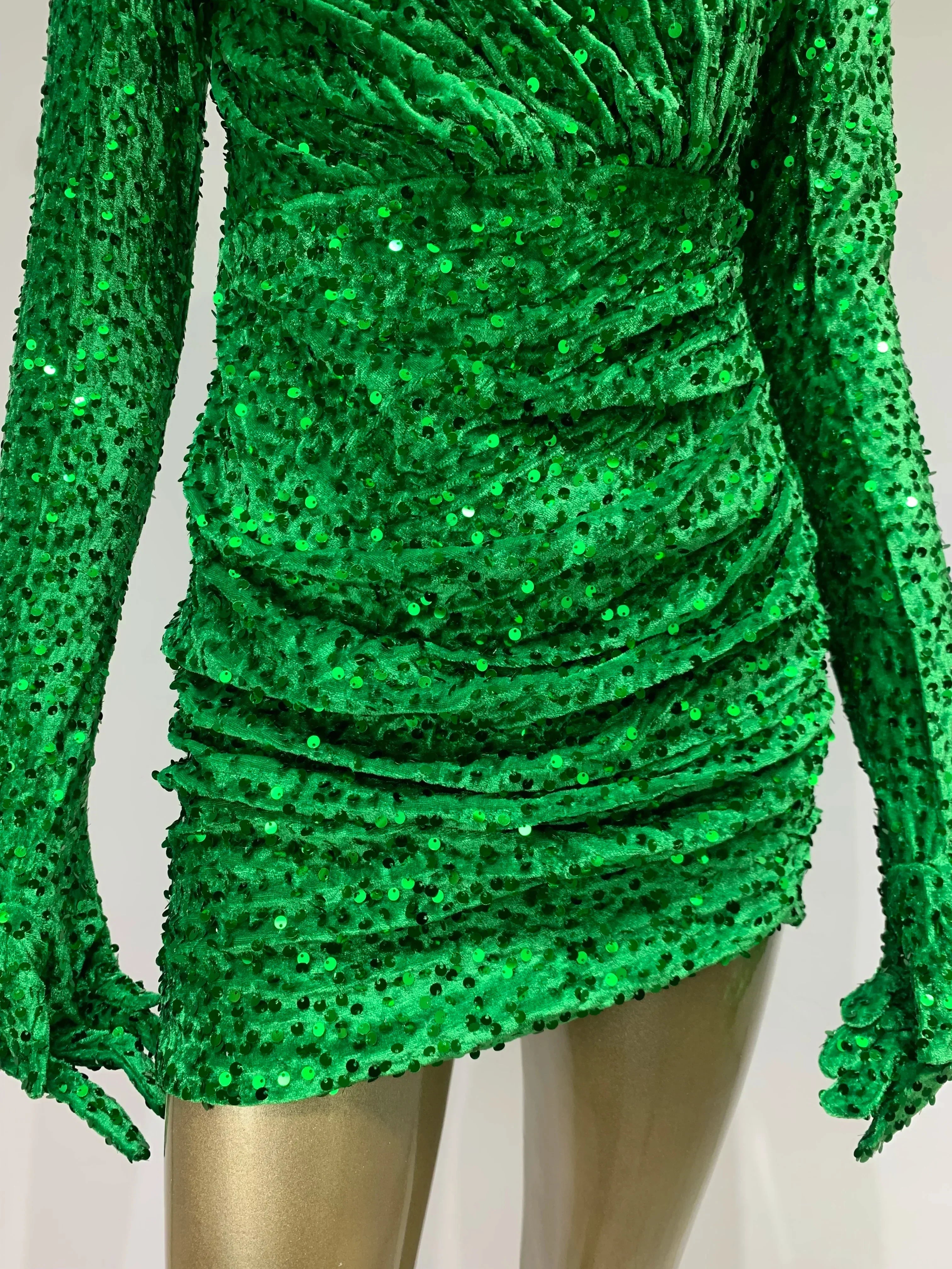 Summer Sexy Turtleneck Long Sleeve Velvet Green Mini Sequins Bodycon Party Dress