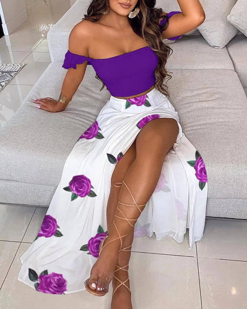 DressBetty - Summer Floral Print Elegant Off Shoulder Split Long Maxi Skirt