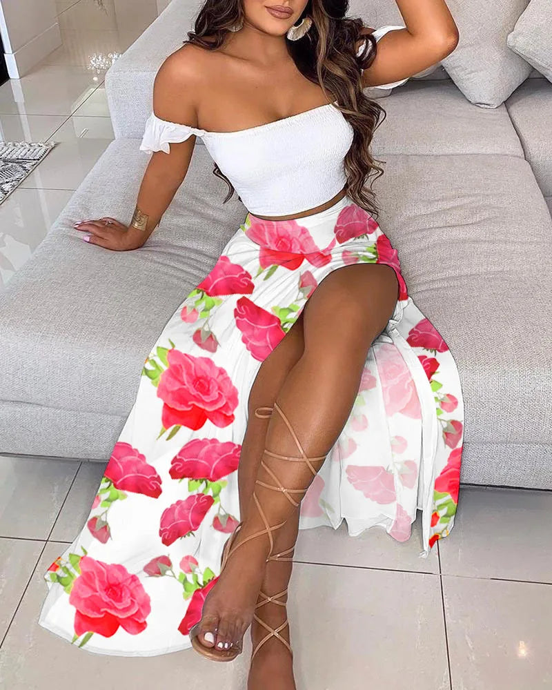 DressBetty - Summer Floral Print Elegant Off Shoulder Split Long Maxi Skirt