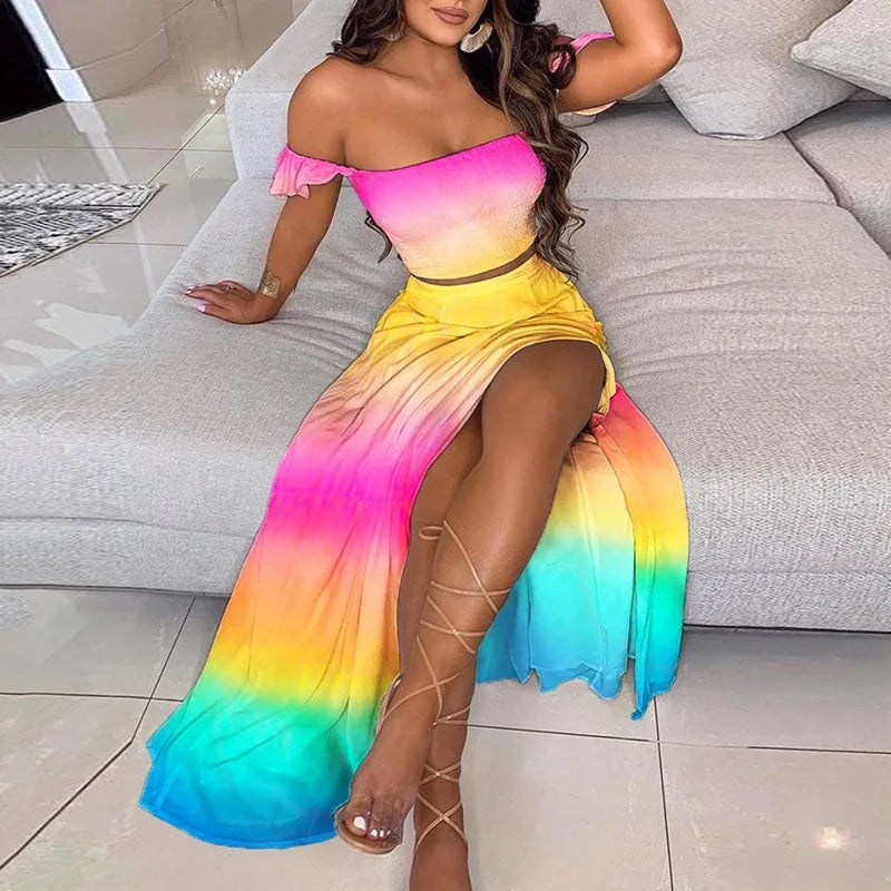 DressBetty - Summer Floral Print Elegant Off Shoulder Split Long Maxi Skirt