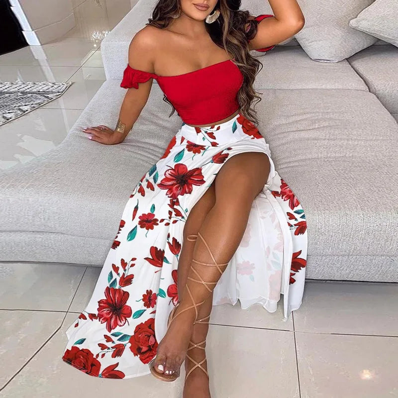 DressBetty - Summer Floral Print Elegant Off Shoulder Split Long Maxi Skirt