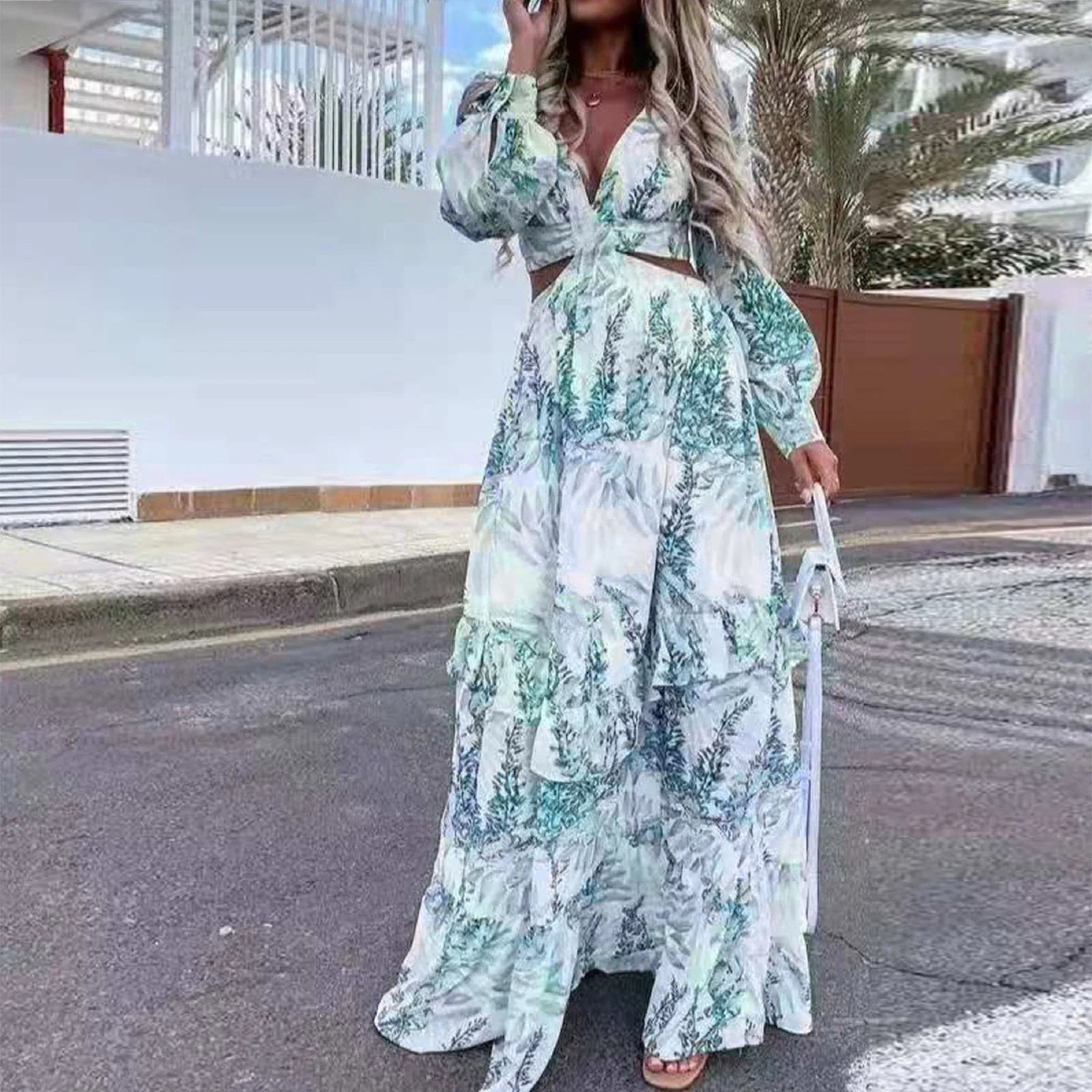 Sexy Hollow Out Lantern Sleeve Backless VNeck Beach Cover Up Maxi Party Long Women's Dress