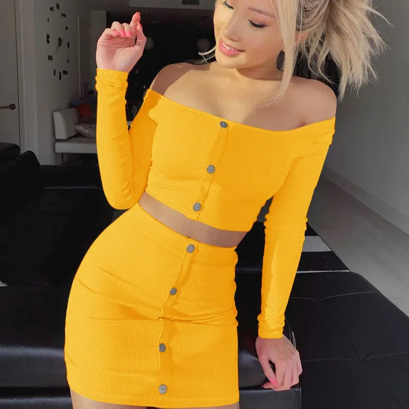 Twopiece Knitted Ribbed Button Down Crop Tops and Short Wrap Skirt