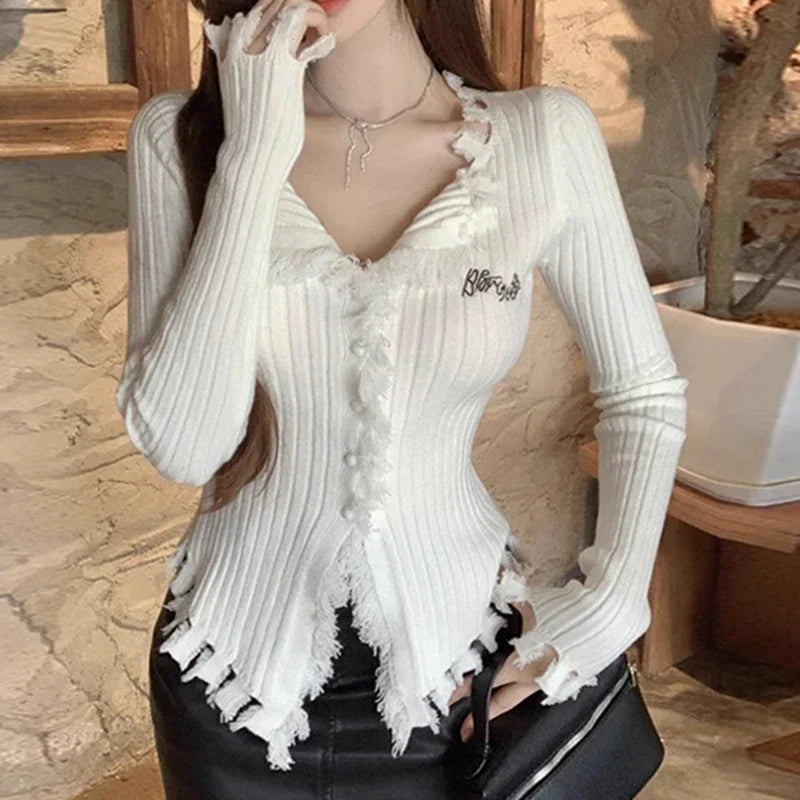 V-Neck Knit Sweater Pattern Tassel Irregular Hem Knit Top