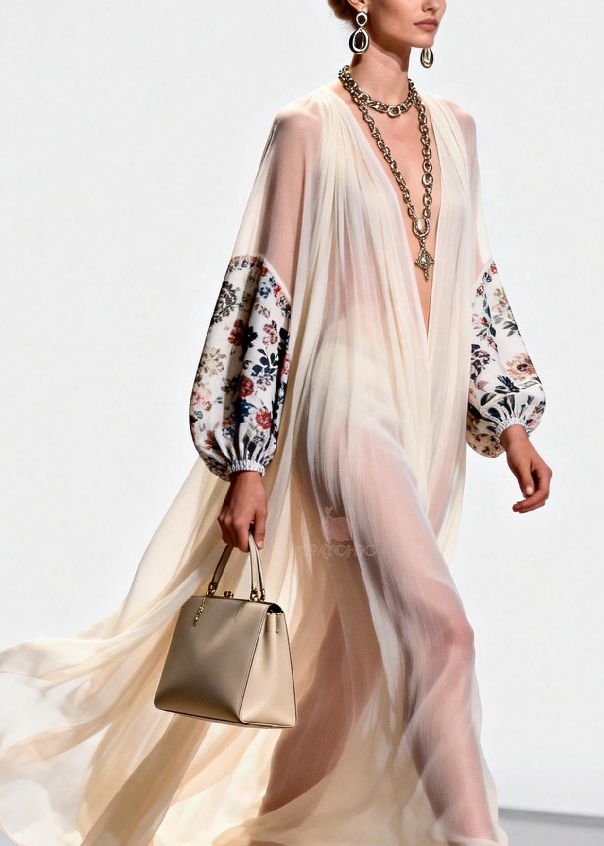 Women V Neck Print Patchwork Chiffon Dress Spring