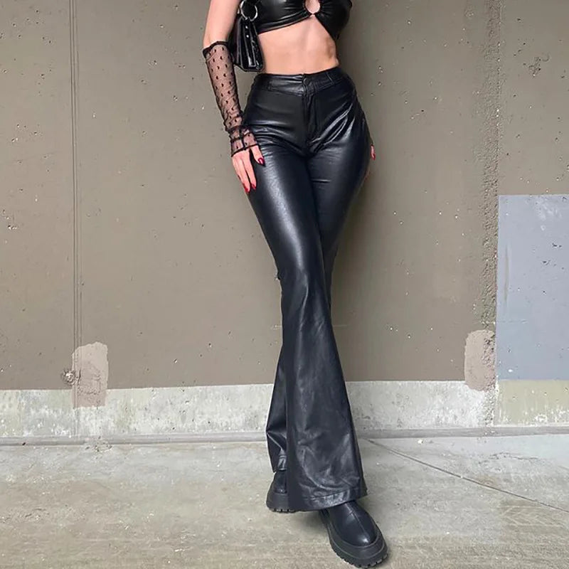 Vintage PU High Waist Stretch Slim Faux Leather BellBottoms Bodycon Clubwear Pants
