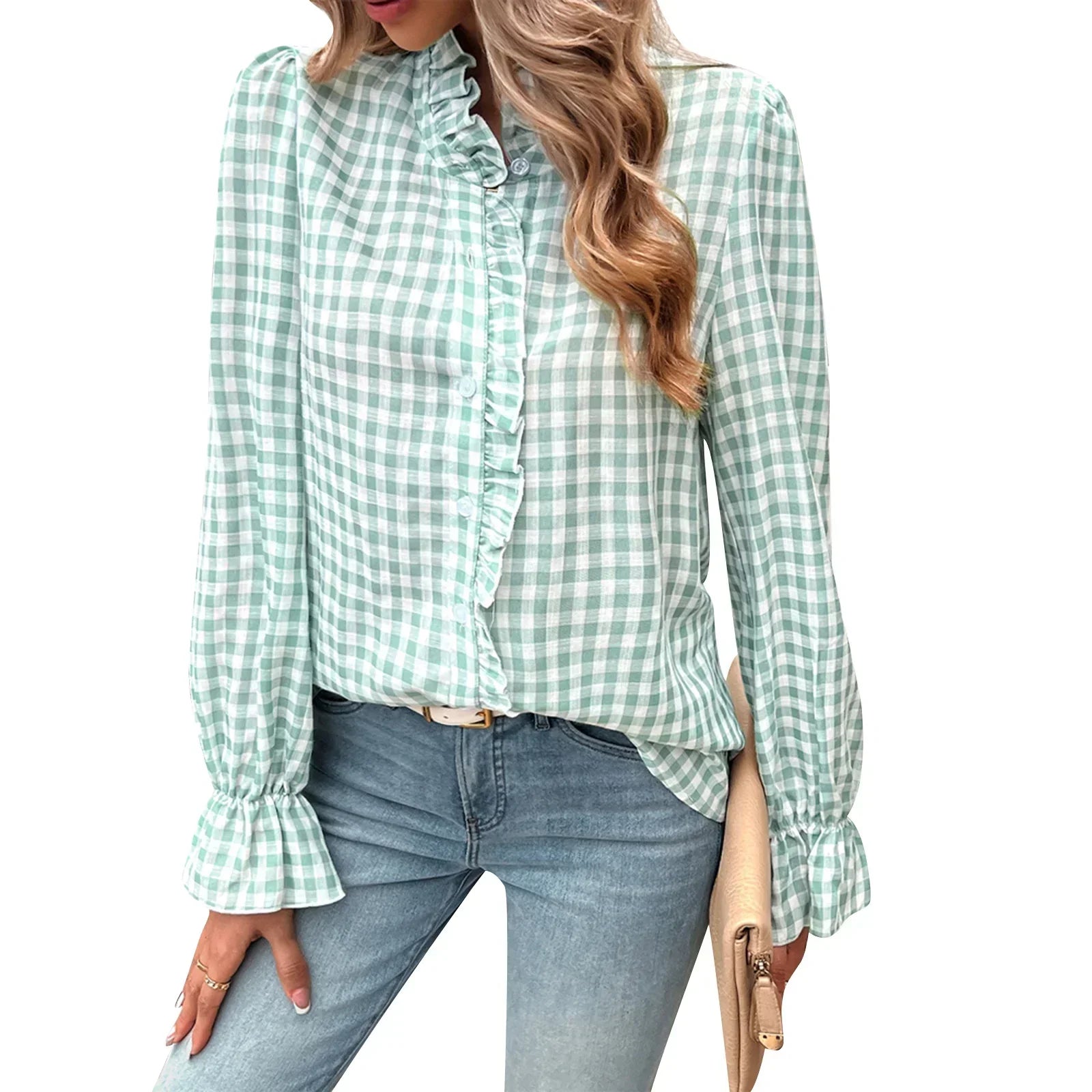 Plaid Ruffle V-neck Blouse green / S blouse-250223