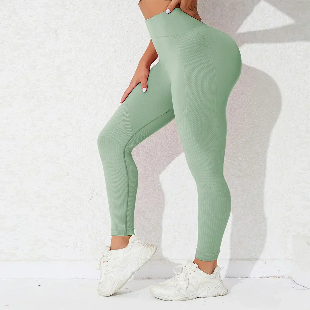 High Waist Seamless Butt Lift Knitting Gym Running Legging Green / S